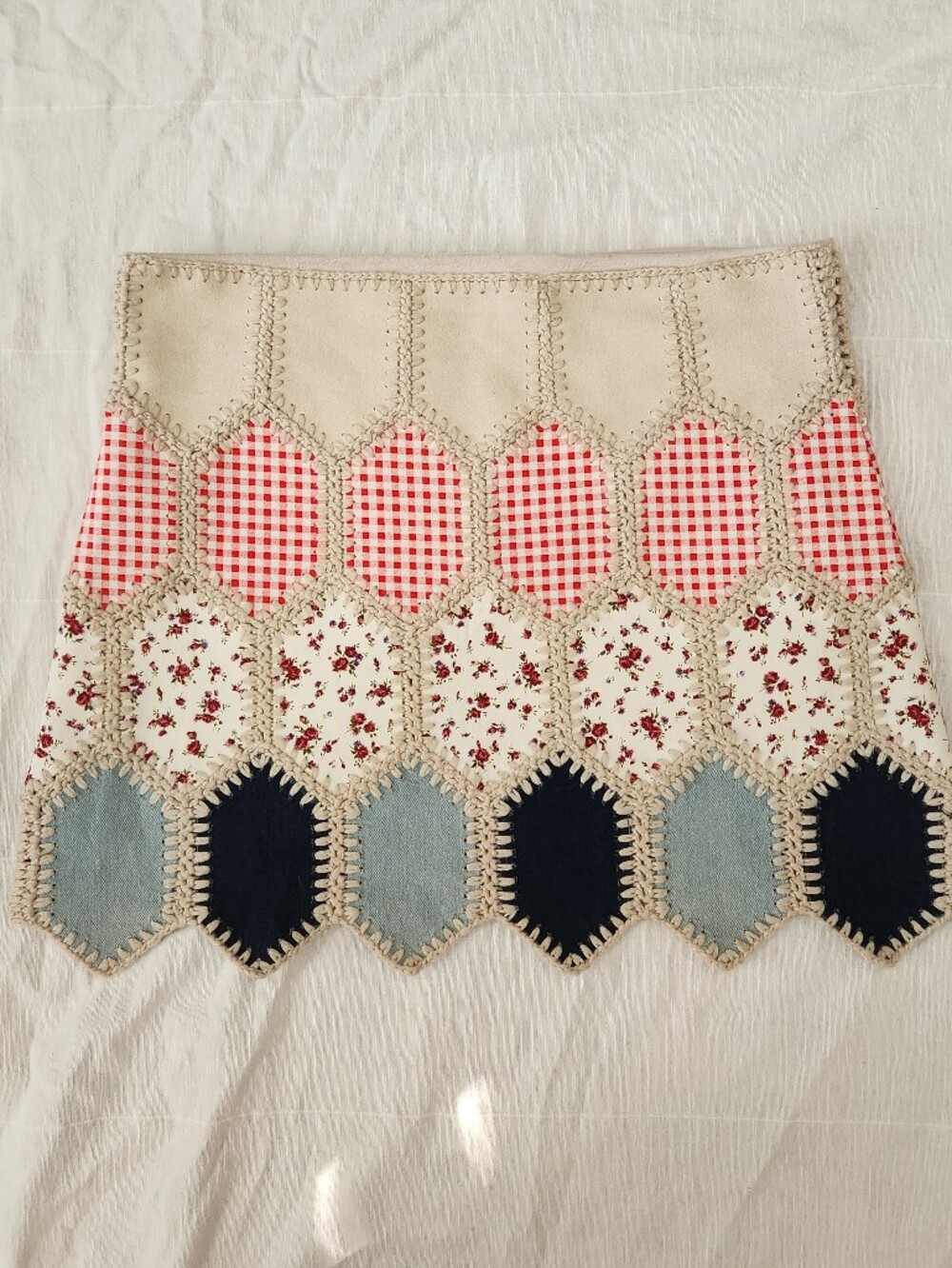 Unique Crochet And Quilted Skirt in Navy, Denim, Cream & Red Gingham